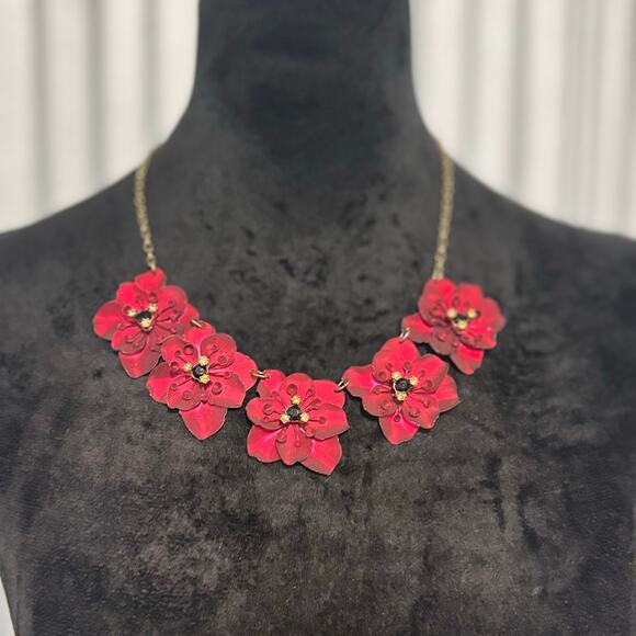 Bold Red Layered Flower Statement Necklace Gold Chain | Glam Floral Jewelry - Picture 5 of 13